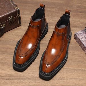 Bottes pour hommes - Bottes à lacets en cuir véritable de style britannique les plus vendues, en cuir verni, à semelle épaisse, avec talon compensé, chaudes - Product Image 2