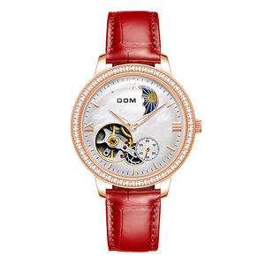 Montre mécanique pour femme, 43 mm, automatique, bracelet en cuir rouge, résistante à l'eau, design tendance - Product Image 5