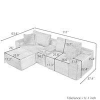 Canapé d'angle modulable en forme de L avec console, canapé compressé moderne en velours côtelé moelleux, avec porte-gobelets