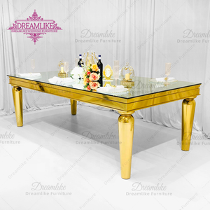 Bàn tiệc cưới sang trọng với mặt kính cường lực và đế bằng thép không gỉ vàng cho khách sạn và nhà hàng - Product Image 1