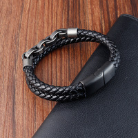 Bracelet pour homme OPJ en acier inoxydable fait main, perles, cuir véritable noir 316L avec fermoir magnétique, bijoux simples