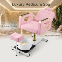 Fauteuil de pédicure moderne et durable avec cadre en acier inoxydable, élévateur hydraulique, tabouret de salon, repose-pieds et accoudoirs dorés
