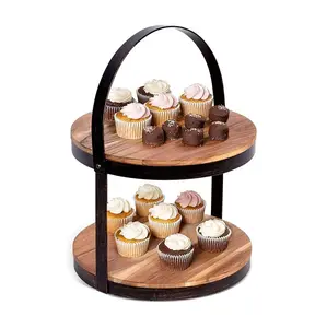 Свадебное украшение, круглая черная рамка, 2 яруса, деревянная подставка для торта, натуральная готовая подставка для торта с ручкой
