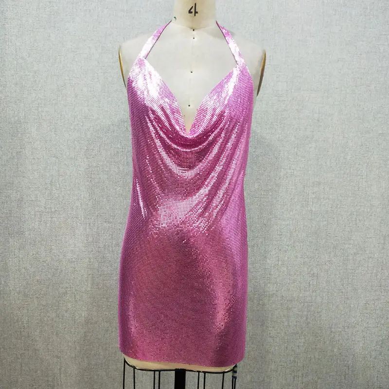 2023 Bright Hot Pink Sexy rücken freies Metallic Midi Kleid Metall Mesh Clubbing Mädchen Kettenhemd Kleid für Party