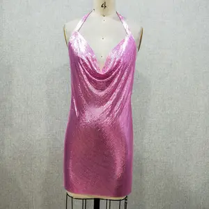 2023 brillante caliente Rosa Sexy espalda descubierta metálico Midi vestido de malla de Metal Clubbing niñas Chainmail vestido para fiesta