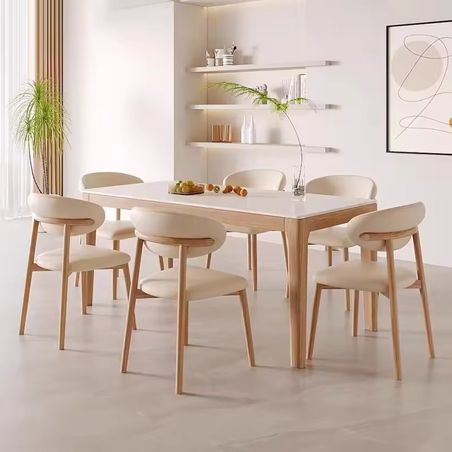 Nordic Modern Style Solid Oak Wood Dining Table Set with Sintered Stone Top for Home or School for Dining Room Furniture