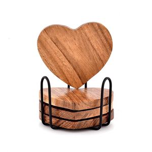 Acacia Wooden Coaster Set of 4 Pieces with Holder Reusable Heart Shape <b>Table</b> Mats Pads Coffee Tea Drinks Cup Pad <b>Placemats</b> - Product Image 2