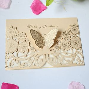 Invitations de mariage découpées au laser avec motif papillon, cartes d'<span class=keywords><strong>invitation</strong></span> en dentelle florale pour mariage, fiançailles, fête prénuptiale - Product Image 1