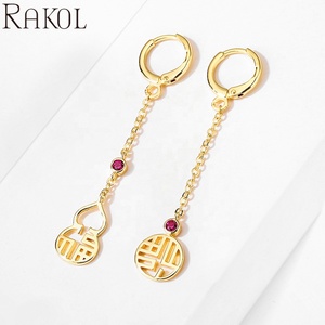 RAKOL EP5192 New Design Gold-Plated Long <b>Chain</b> Red Zircon Zirconia Happiness Good Luck Pendant Women's <b>Hoop</b> <b>Earrings</b> - Product Image 1
