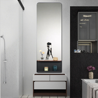 Rectangular Framed LED Full-Length Mirror Self Adhesive Wall Mount Standing Mirror with Bottom Storage Compartment for Bedroom