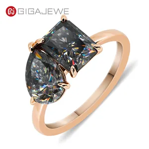 GIGAJEWE Grey Color 3.5ct Radiant And Pear Cut Ring Moissanite 9K/14K/18K Rose Gold Moissanite Engagement Ring