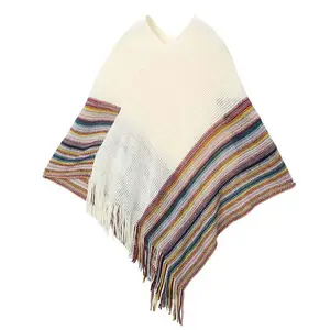 fashion colorful pashmina striped design winter warm knit poncho shawl scarf for women