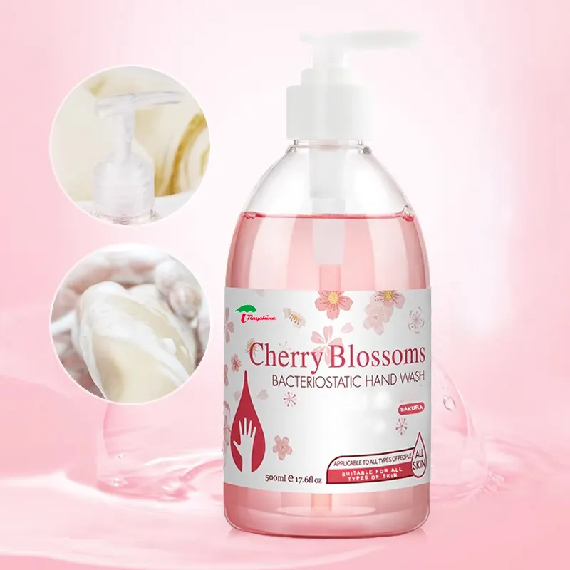 Rayshine toptan özel özel marka Cherrt çiçeği koku sıvı sabun el yıkama için sterilizasyon pompa kafası ile 500ml