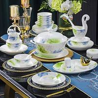 Service de table rétro en porcelaine blanche Green Lotus, vaisselle élégante en céramique à motifs floraux, compatible lave-vaisselle et four, idéal pour les dîners en famille
