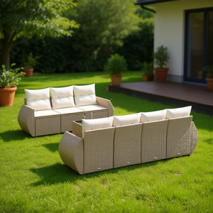 Conjunto de Sofá de Jardín de Ratán Beige, 98.4 Pulgadas de Largo, Muebles de Exterior Resistentes a los Rayos UV, Diseño Contemporáneo - Product Image 2