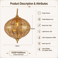 Lustre LED vintage arabe en fer forgé, fait main, doré, rond, pour salle à manger