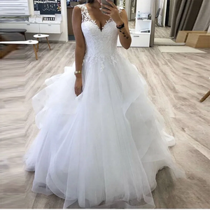 Abiti da sposa principessa bianchi a Line abiti da sposa abiti da sposa gonfi <span class=keywords><strong>in</strong></span> <span class=keywords><strong>Tulle</strong></span> a righe senza maniche lunghi fino al pavimento Applique abiti da sposa - Product Image 1