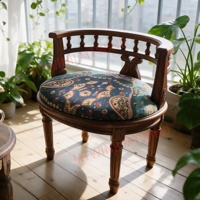 Tabouret vintage à accents floraux avec dossier et accoudoirs, tabouret en bois massif, bleu marine à motifs Paisley, 24 pouces pour coin lecture, véranda