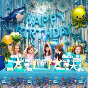 <span class=keywords><strong>Nappe</strong></span> en papier imprimée personnalisée, nappes recouvertes de plastique jetables sur le thème du monde sous-marin pour la fête d'enfants - Product Image 5