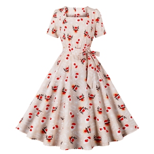 Abito stampato natalizio a maniche corte con collo quadrato Casual per feste eleganti - Product Image 1