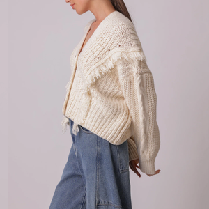 Maglione corto <span class=keywords><strong>con</strong></span> finiture <span class=keywords><strong>con</strong></span> <span class=keywords><strong>frange</strong></span> Beige lavorato a <span class=keywords><strong>maglia</strong></span> Cardigan <span class=keywords><strong>con</strong></span> bottoni e Design testurizzato per la moda Casual Boho - Product Image 4