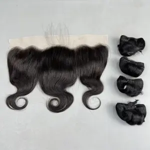 Grosir 100% penutup rambut manusia bundel rambut gelombang tubuh 13x4 penutup rambut tenun untuk membuat wig