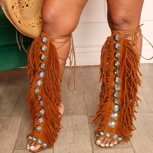 <span class=keywords><strong>Stivali</strong></span> Estivi da Donna in <span class=keywords><strong>Camoscio</strong></span> <span class=keywords><strong>Marrone</strong></span> con Frange, Punta Aperta, Allacciatura Alta al Ginocchio, Decorati con Turchese, Stile Western Bohémien per Feste - Product Image 4