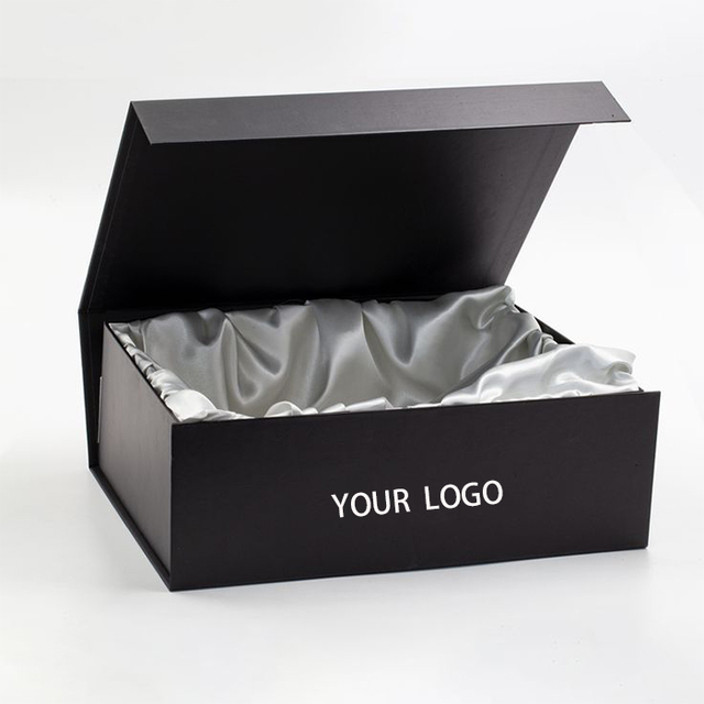 Custom Luxury Magnetic Black Satin Insert Lined Rigid Gift Box with Embossing Matt Lamination & Recycled Materials