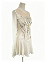 Robe de patinage artistique blanche à col en V pour spectacle, dos profondement ouvert, ornée de strass, en maille, manches longues, pour enfants