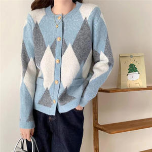 Cárdigan de punto con bloqueo de color rombo y cuello redondo para <span class=keywords><strong>mujer</strong></span> estilo Otoño e Invierno informal para <span class=keywords><strong>mujer</strong></span> - Product Image 2