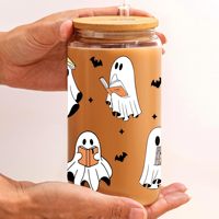 Mug en verre de 16 oz personnalisé avec logo Ghost Reader, directement de l'usine, avec couvercle en bambou et paille, idéal pour les événements d'Halloween