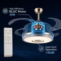 Ventilador de Techo LED Redondo de Hierro Plateado con Luces Colgantes, Motor DC Remoto, 4 Aspas y 6 Velocidades, Venta al por Mayor de Fábrica para Restaurantes