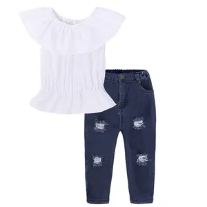 2023 trendy kids clothes girls boutique clothing white shoulder shirt+denim jean ripped pants fashion girls clothes sets