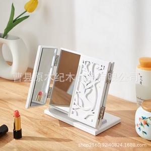 Solid Wood <b>Foldable</b> Three Sided Makeup <b>Mirror</b> With Clover Carving Desktop Ornament - Product Image 2