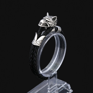Yunnique Pulsera trenzada de cuero genuino para hombre, joyería de plata tibetana con cabeza de león, regalo del zodiaco animal, circunferencia interior de 205mm - Product Image 1