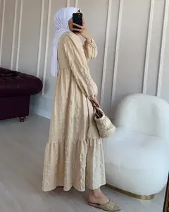 Elegante Sólido Pliado Dubai Dubai Turca Casual Islâmica Tripulação Pescoço Maxi Senhoras Abaya Mulheres Vestido Muçulmano