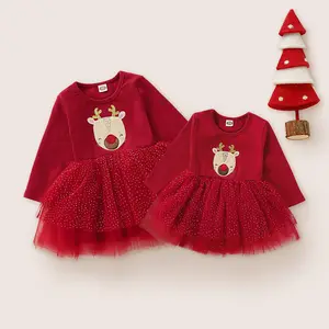 Mawar Merah Littler Gadis Halloween Memakai Cute Tulle Hem Pola Rusa Musim Dingin Natal Bayi Gadis Gaun Baju Monyet untuk Anak 0-2 Tahun