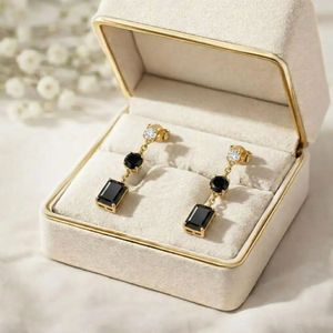 Black Obsidian Faceted Rectangle <b>Earrings</b> with Round Drop Design and CZ Accent Elegant Gemstone <b>Dangle</b> <b>Earrings</b> in 925 Silver - Product Image 4
