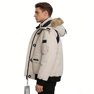 Parka à capuche épaisse en polaire beige et noire avec col en fourrure, style européen et américain, manteau court chaud pour homme - Product Image 6
