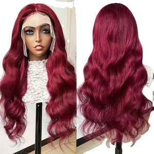 Perruque de <span class=keywords><strong>cheveux</strong></span> humains Remy bordeaux 99J avec dentelle transparente, pré-épilée, ondulée, pour femmes noires - Product Image 1