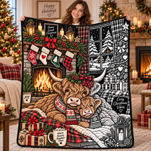 Manta de Peluche para Colorear DIY con Diseño de Vaca Highland Navideña y Patrón Festivo, con Diseño de Chimenea Acogedora para Uso Doméstico - Product Image 3