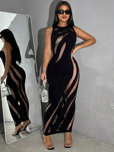 nude shoes with black and white dress Sexy Black Mesh Scoop Neckline Dress – AMIClubwear main image 0