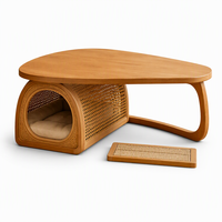 Table basse ronde en rotin, table centrale artisanale en bois avec étagère de rangement, design polyvalent pour humains et animaux