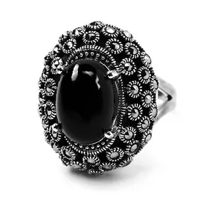 Anel de prata esterlina RKP-0995, anel elegante de prata 925 com pedra grande e preta