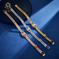 Pulseira ajustável de malha, fecho de malha de aço inoxidável 18k banhado a ouro cz pavimentado lucky eyes malha pulseira
