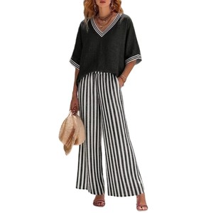 Ensemble décontracté pour femme, haut vert à col en V, pantalon rayé à jambes larges, tailles SMLXL2XL3XL, style Europe, Amérique, Moyen-Orient, artistique, rétro - Product Image 5