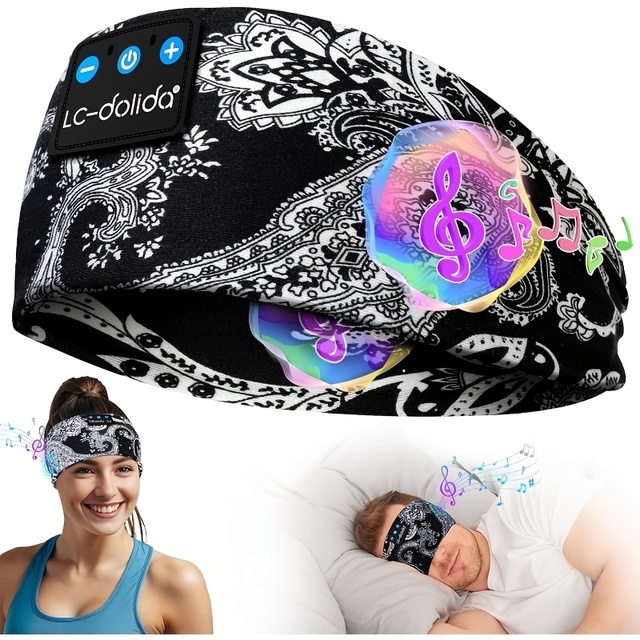 Wireless Headband Headphones with Sleep Mask - Built-In Stereo Speakers,Smart Timer,Call Noise Cancellation & Pressure-Free