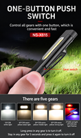 Lampe torche LED multifonctionnelle rechargeable USB-C, portable, plate, de poche, avec écran d'affichage, étanche, COB, lumière blanche et rouge