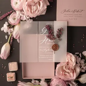 Cartas de casamento luxuosas acrílico, cartas de vellum glamour personalizado plexi convite casamento romântico blush rosa caixa de cartão de casamento