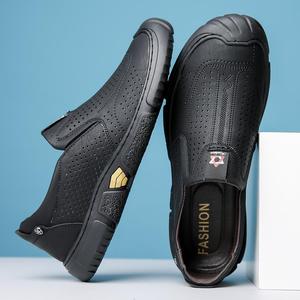 Mocassins en cuir blanc pour hommes, à bout rond, respirants, semelle en caoutchouc, chaussures décontractées de printemps - Product Image 4